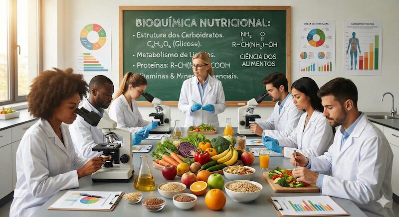 Alunos do curso técnico em Nutrição e Dietética analisando alimentos em laboratório, usando microscópios e materiais de estudo